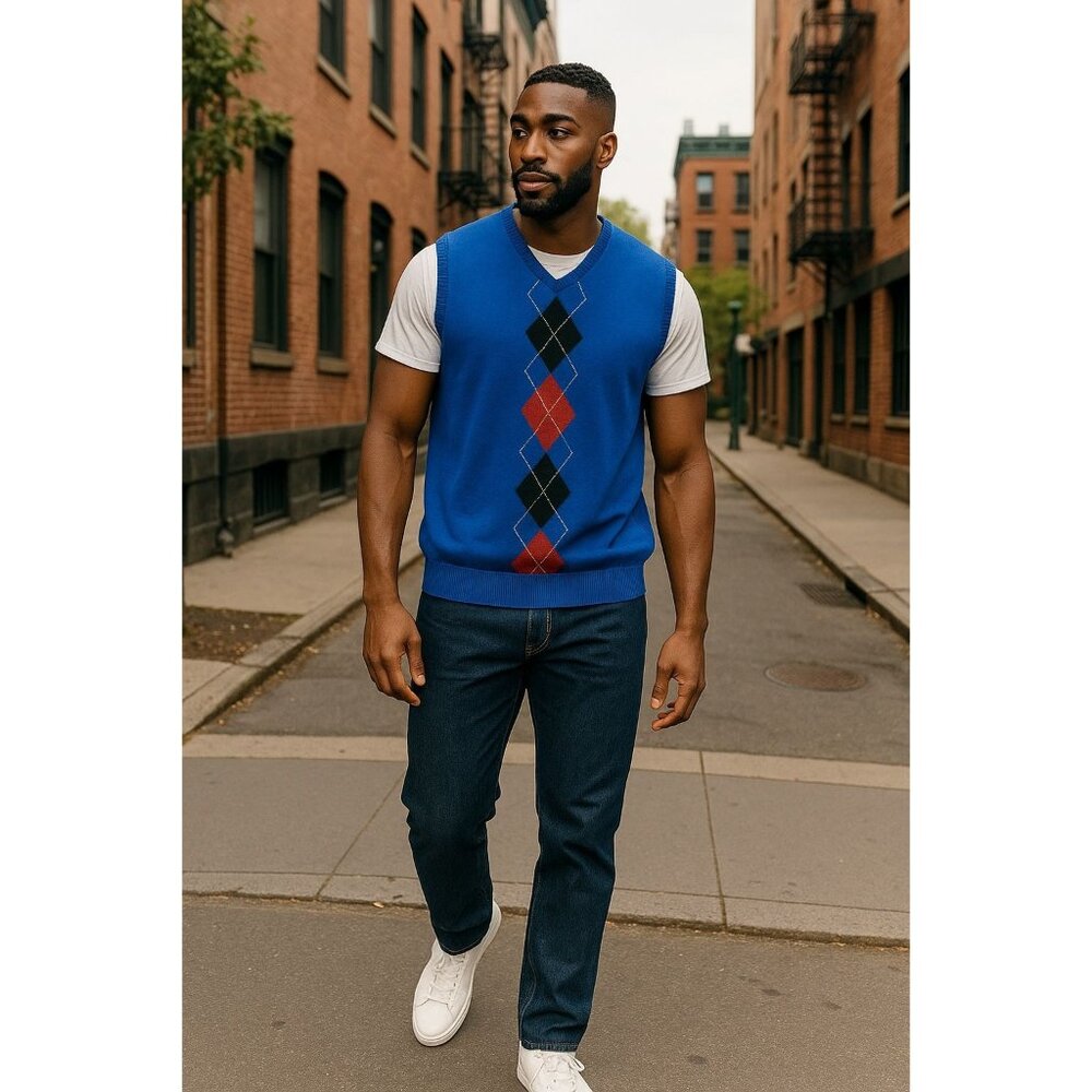 Alan Flusser Mens Large Golf Sweater Vest  Blue Argyle Cotton Pullover Classic
